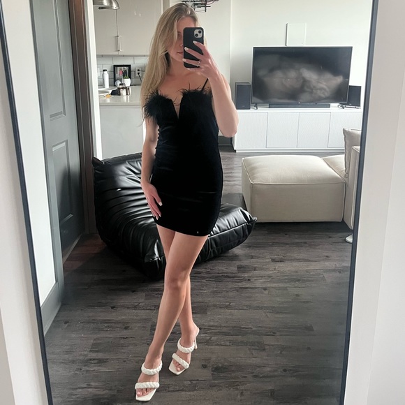 Black Velvet & Feathers Mini Dress - Picture 1 of 5